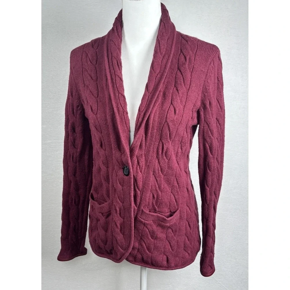 Talbots Cable Knit‎ Cardigan Sweater Jacket Size M Petite Cozy Chunky Wine